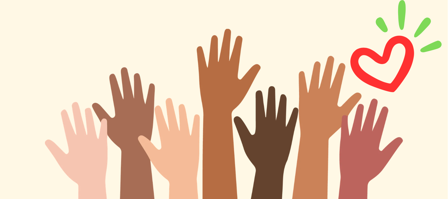 Illustration of raised hands of many skin tones reaching up toward a red heart