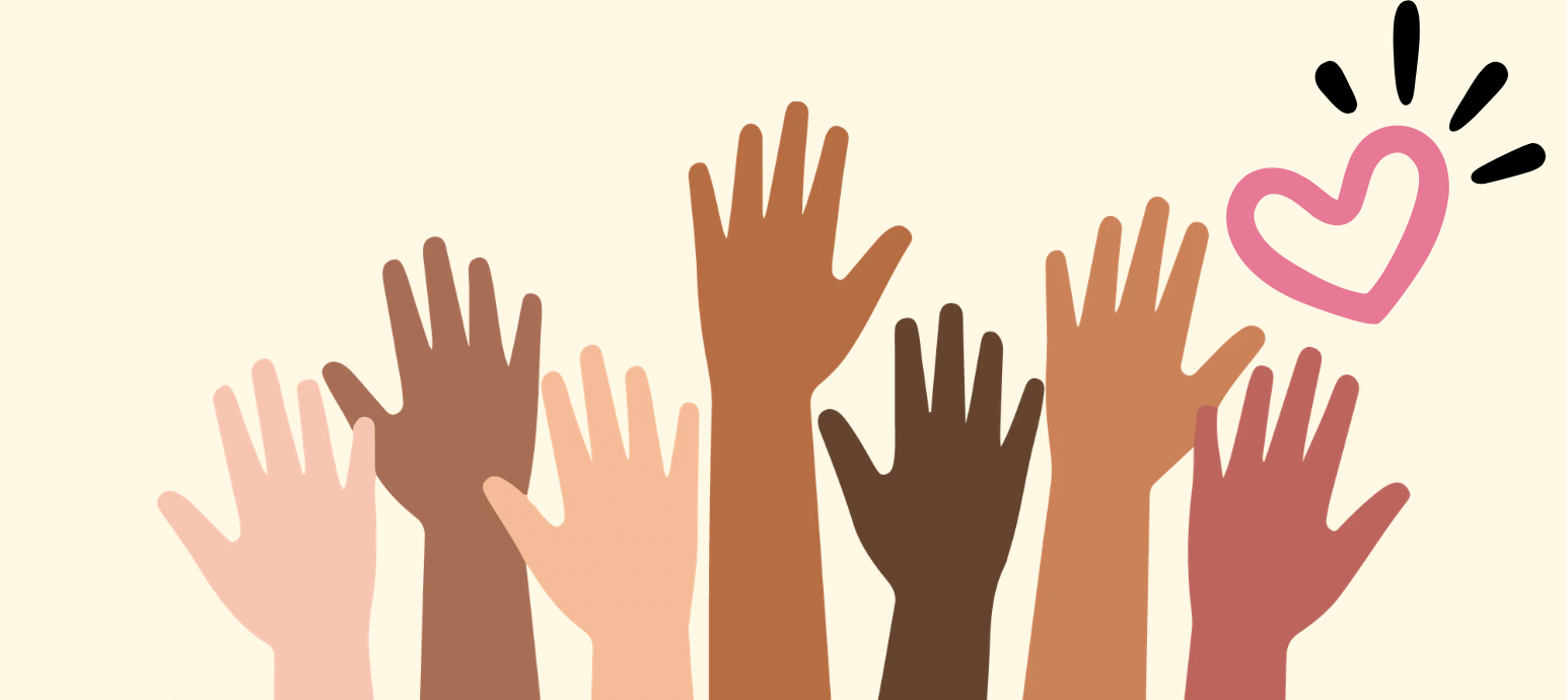 Illustration of raised hands of many skin tones reaching up toward a red heart